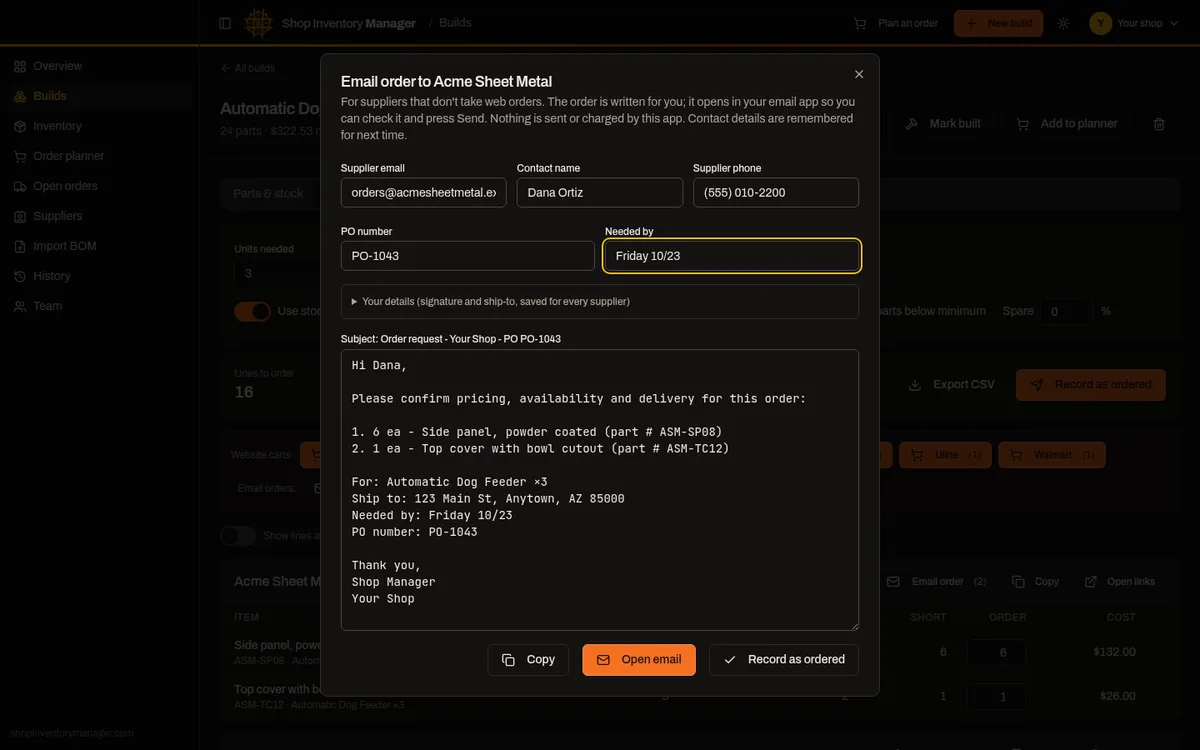 Auto-written order email to a supplier with numbered parts, quantities, ship-to and PO number, in dark mode