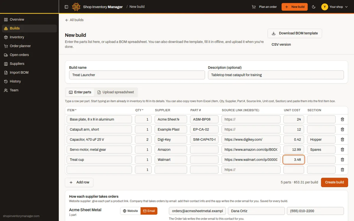 New build screen with a parts grid filled with item, quantity, supplier, part number, source link and unit cost