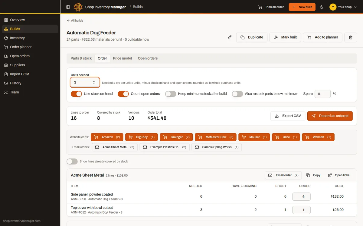 Order tab showing lines to order, parts covered by stock, vendor count and order total with website cart buttons and email order buttons for each supplier