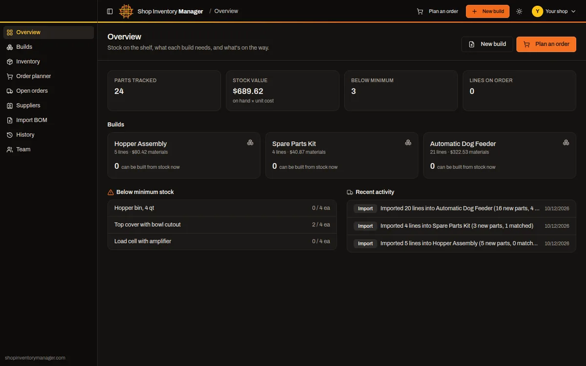 Overview in dark mode with stock value, builds and recent activity