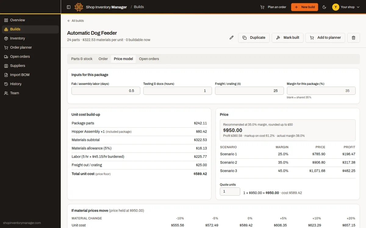 Price model with unit cost build-up, recommended price at 35 percent margin and margin scenarios